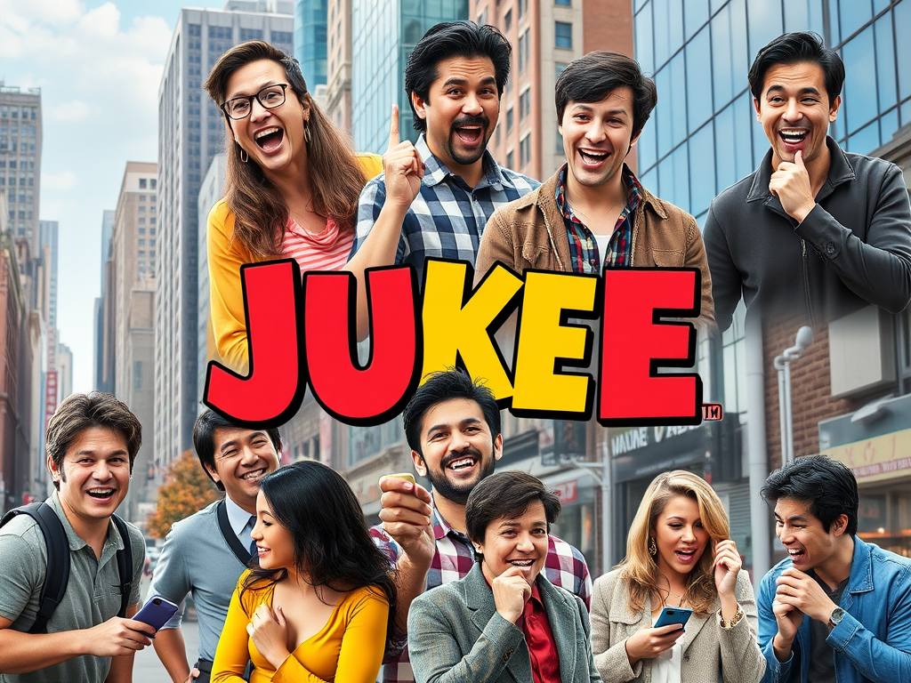 Группа людей на улице смеется и радуется, надпись "JUKEE" на первом плане.